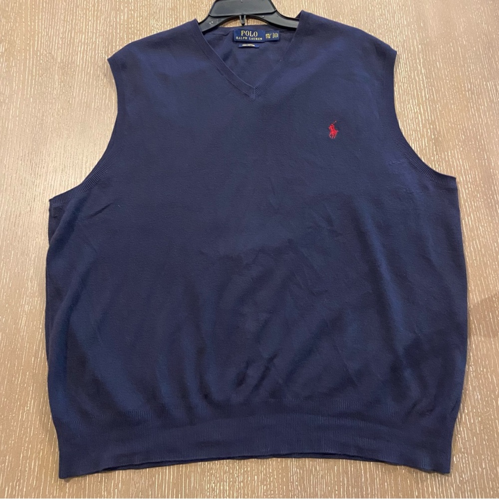 Polo Ralph Lauren Vest Mens 2XL XXL Navy Blue Pima Cotton Sweater V Neck Pony
